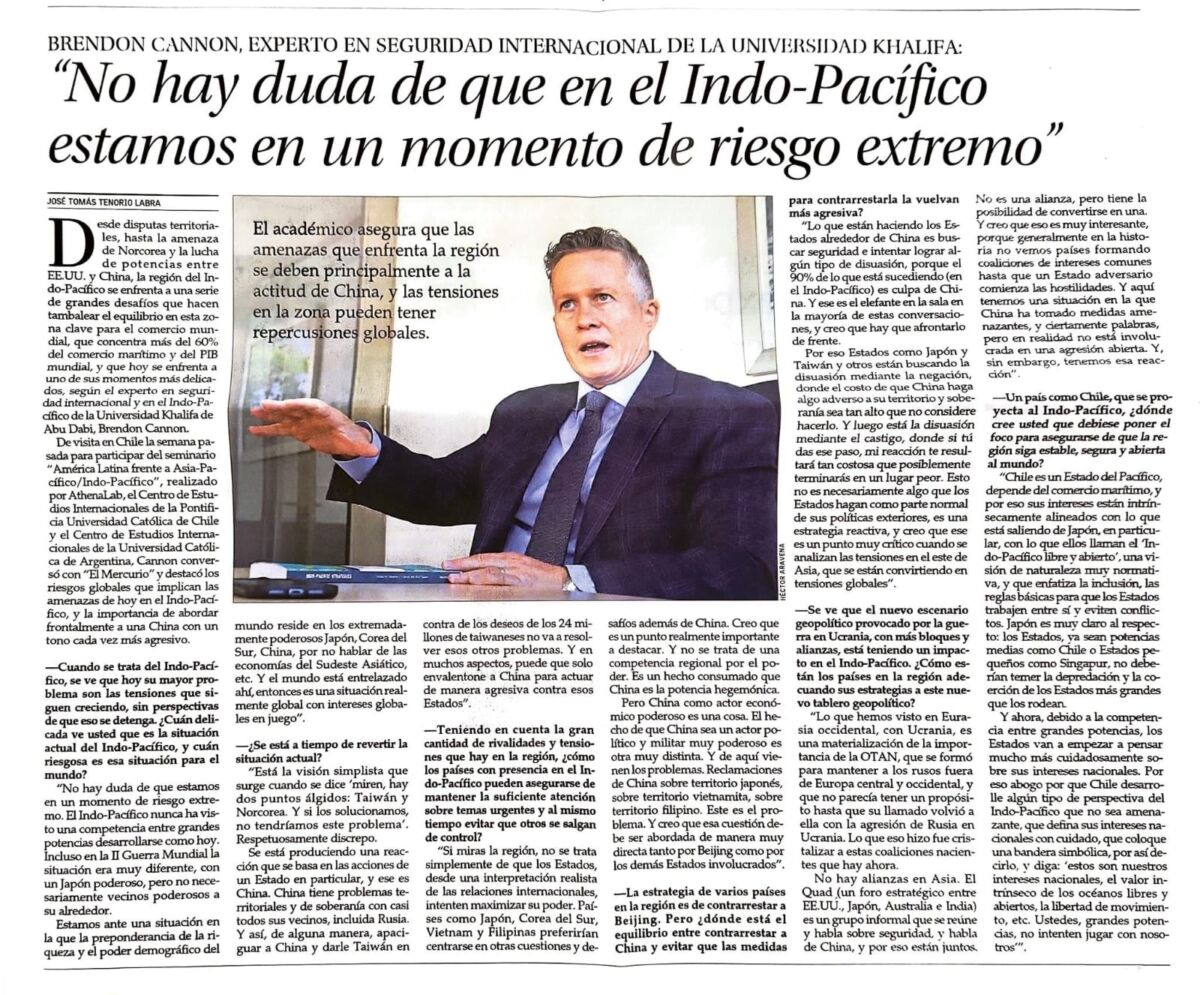 “Estamos en un momento de riesgo extremo en el Indo-Pacífico”, advierte Brendon Cannon